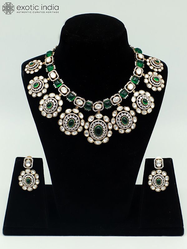 Brass Necklace Set With Beautiful Moissanite Kundan Stone And Earrings