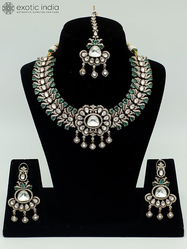 Designer Moissanite Kundan Set For Bride With Earrings And Mangtika