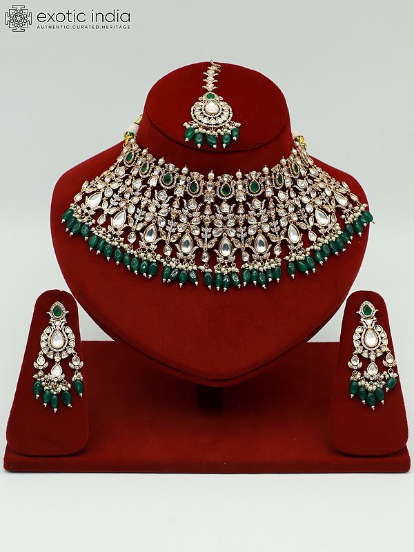 Designer Heavy Necklace Set With Moissanite Kundan And Earrings