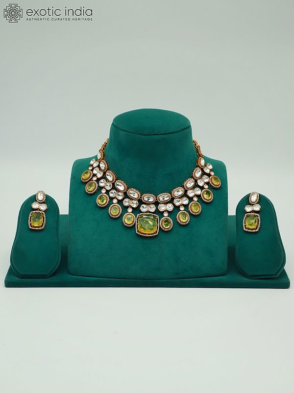 Beautiful Moissanite Necklace Set With Doublet Stone, Uncut Kundan And Antique Polished Earrings