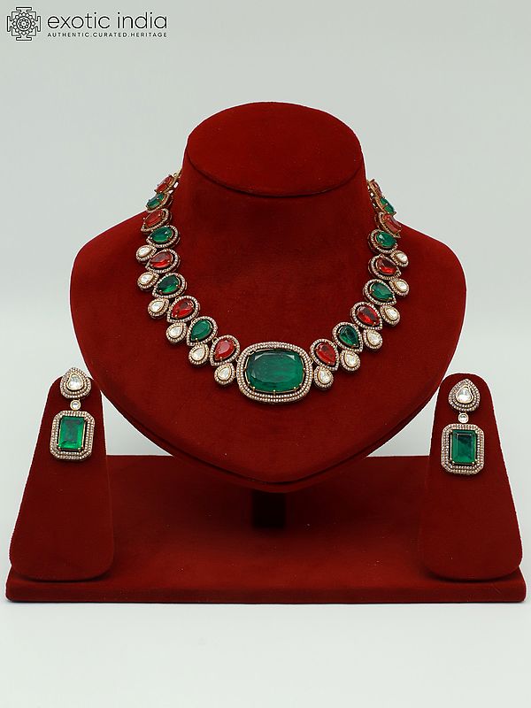 Attractive Moissanite Necklace Set With Antique Polish And Doublet Stone Earrings