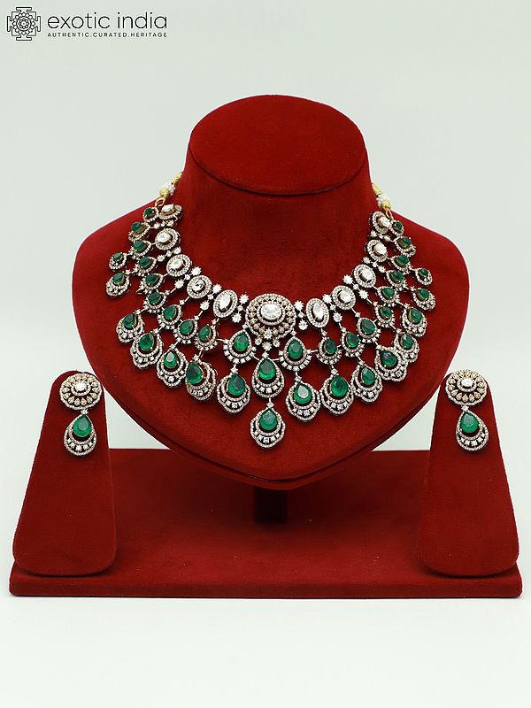 Traditional Moissanite Necklace Set With Doublet Stone And Antique Polish Earrings