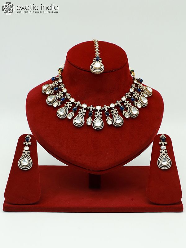 Designer Moissanite Necklace Set With Doublet Stone Mangtika And Earrings