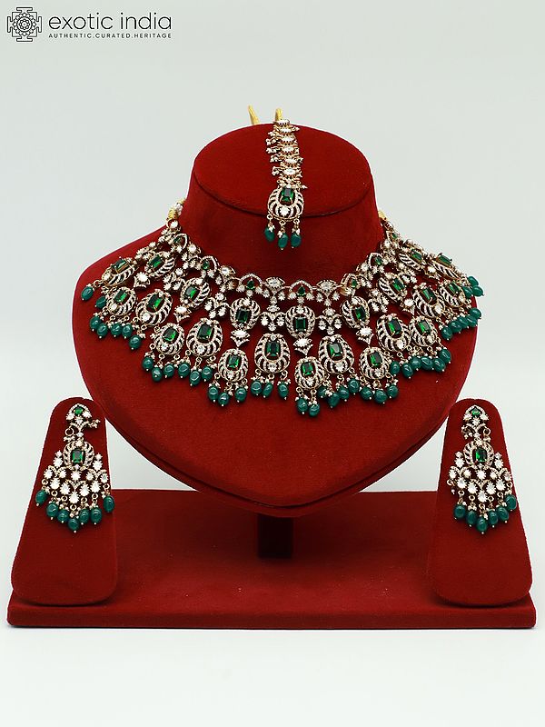 Elegant Moissanite Necklace Set With Doublet Stone Earrings And Mangtika