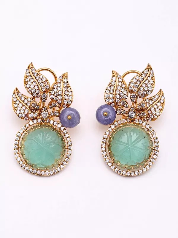 Mint Green Stone Studded Leaf Design Earrings