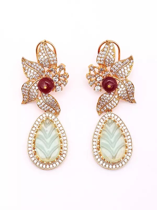 Stone Studded Floral Design Drop Earrings