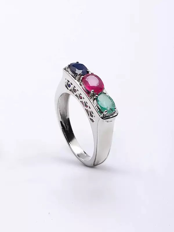 Faceted Emerald Ruby and Sapphire Ring