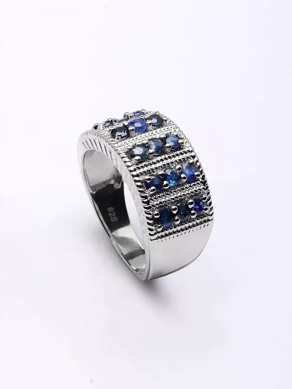 Sterling Silver Band Ring with Faceted Blue Sapphire