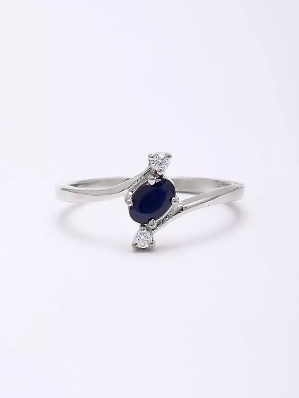 Blue Sapphire and Cubic Zirconia Trilogy Ring