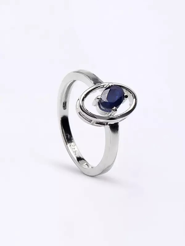 Sterling Silver Ring with Oval Shape Faceted Blue Sapphire Ring