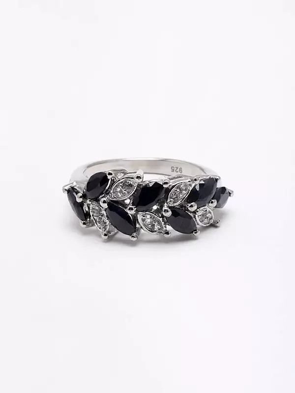 Black Onyx and Cubic Zirconia Leaf Design Ring