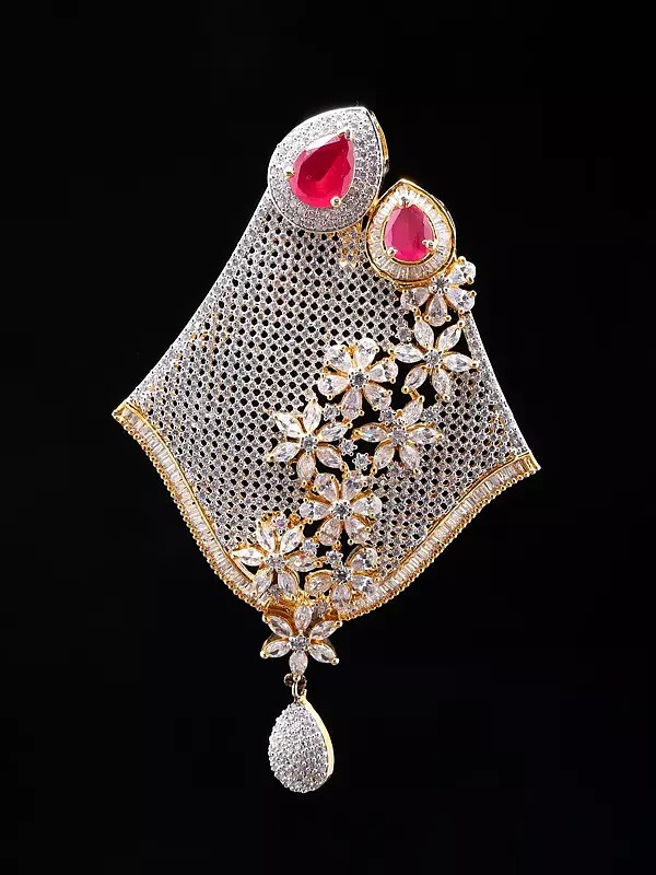 Pink and White Stone Studded Floral Design Pendant