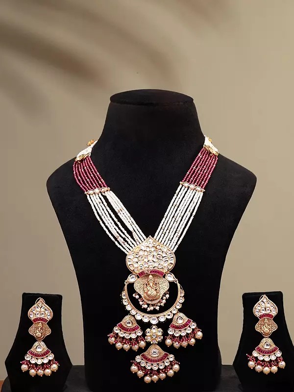 Beaded Multi Strand and Kundan Studded Ganesha Necklace and Earrings Set