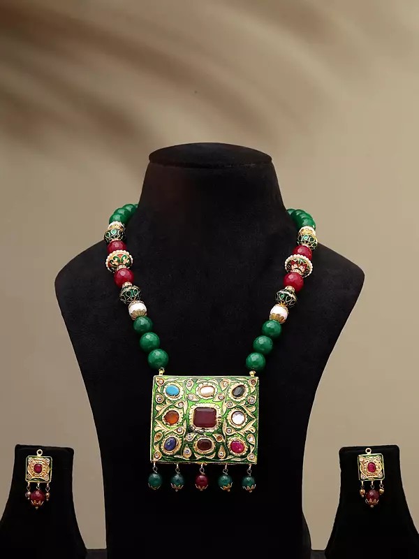 Meenakari Design Green Beaded Long Necklace Set with Earrings