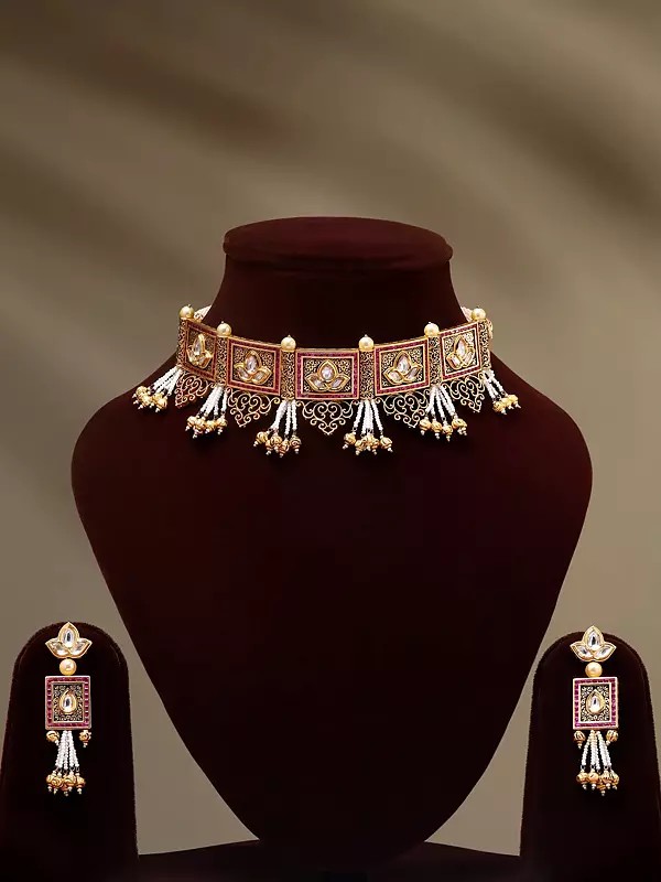 Square Shape Choker and Earrings Set with Beads Drop