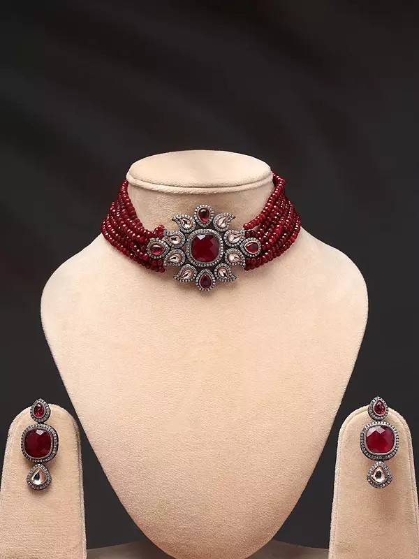 Red Stone Studded and Beaded Choker and Earrings Set