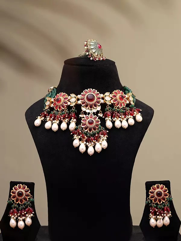 Floral Design Stone Studded and Beaded Choker and Earrings Set with Ring