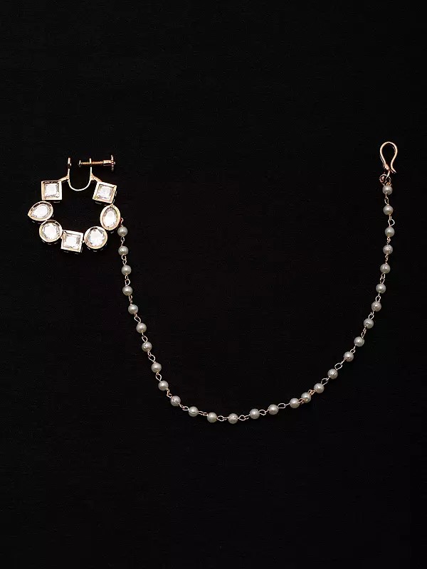 Kundan-Studded Vilandi Nose Ring with Beaded Chain