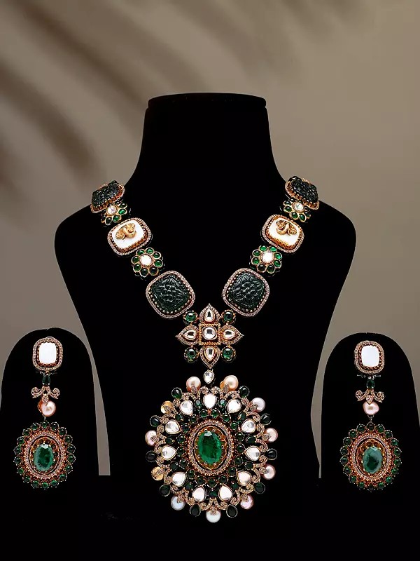 Victorian Style Green Stone Studded Long Necklace