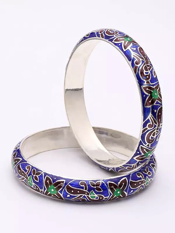 Enamel Floral Vine Swirl Sterling Silver Bangles (Set of 2)