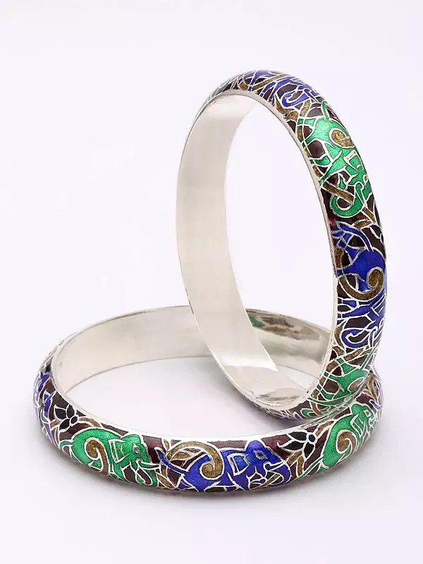 Enamel Elephant Sterling Silver Pair of Bangles