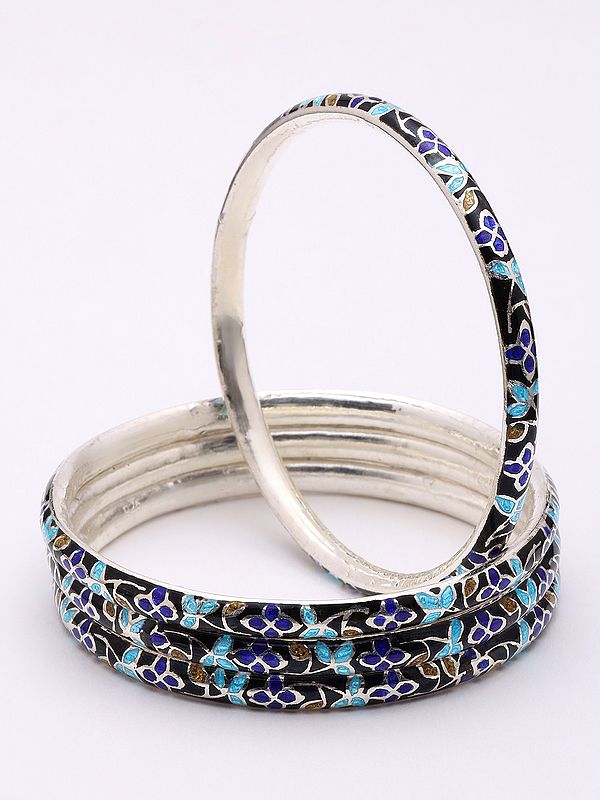 Enamel Floral Sterling Silver Bangles (Set of 4)