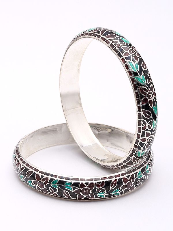 Enamel Floral Vine Swirl Sterling Silver Pair of Bangles