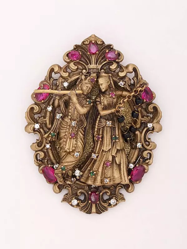 Stone Studded Fluting Radha Krishna Brooch