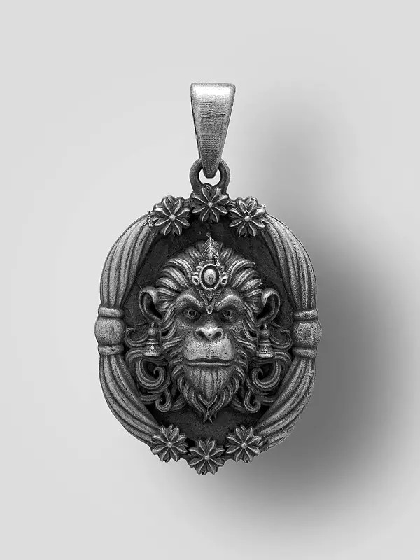 Antique Finish Lord Hanuman Face Sterling Silver Pendant