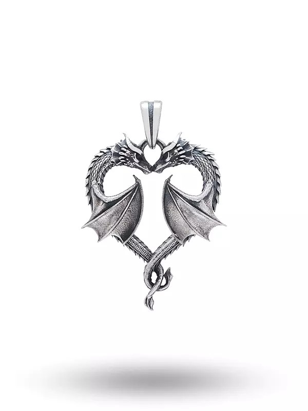 Antique Finish Double Dragon Heart Pendant