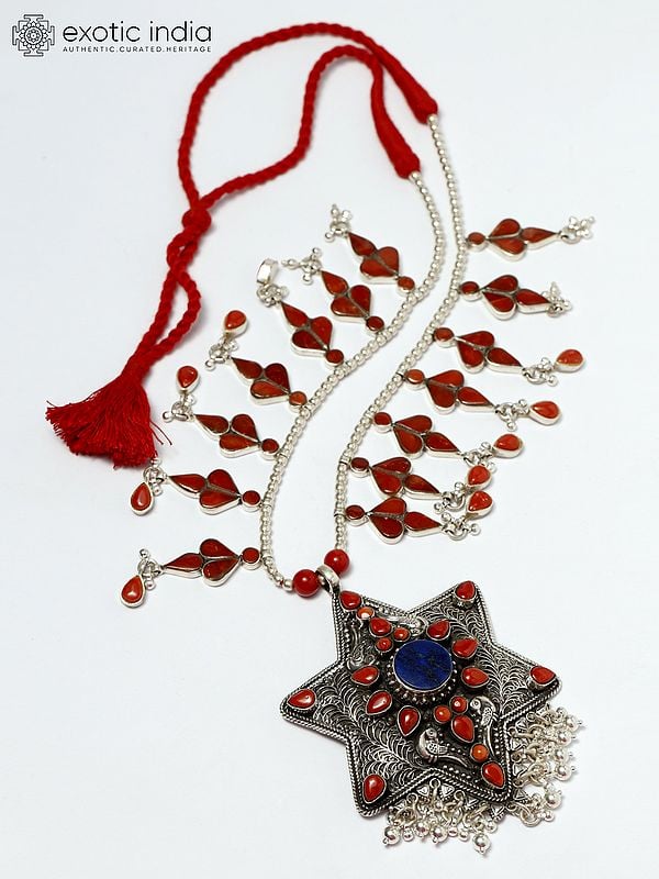 Star Shape Sterling Silver Necklace with Coral and Lapis Lazuli