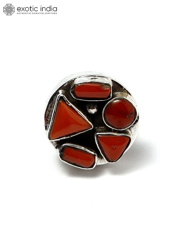 Adjustable Circular Sterling Silver Ring with Coral