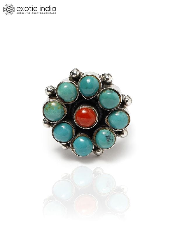 Tibetan Turquoise Ring with Coral In Center