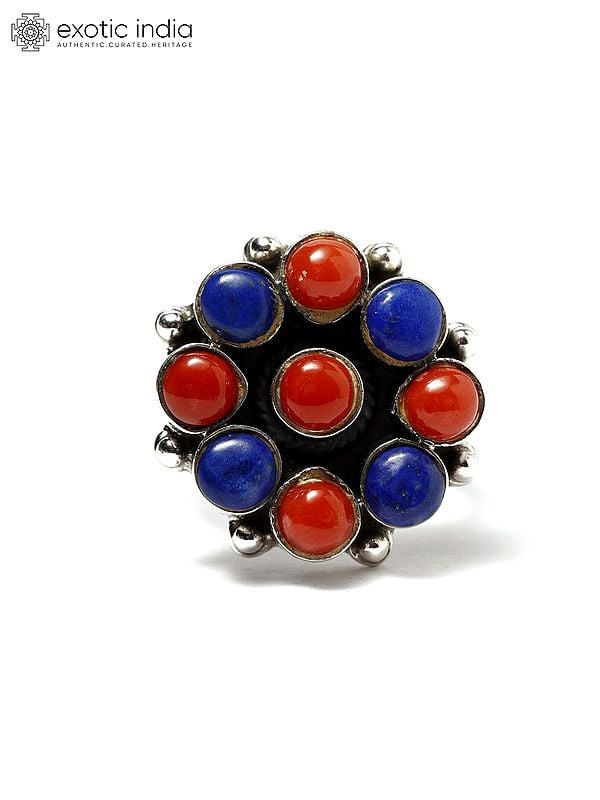 Adjustable Sterling Silver Ring with Round Cut Coral and Lapis Lazuli