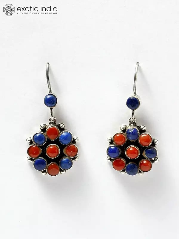 Floral Design Coral and Lapis Lazuli Earrings