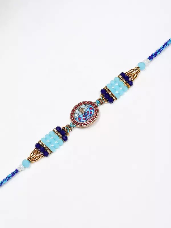 Blue Stone Beaded Meenakari Peacock Rakhi