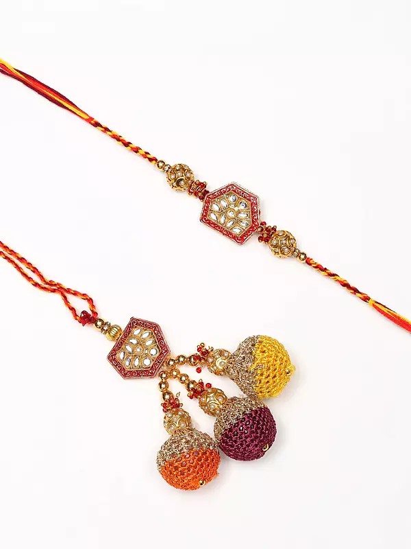 Kundan Studded and Beaded Rakhi with Thread Work Latkan