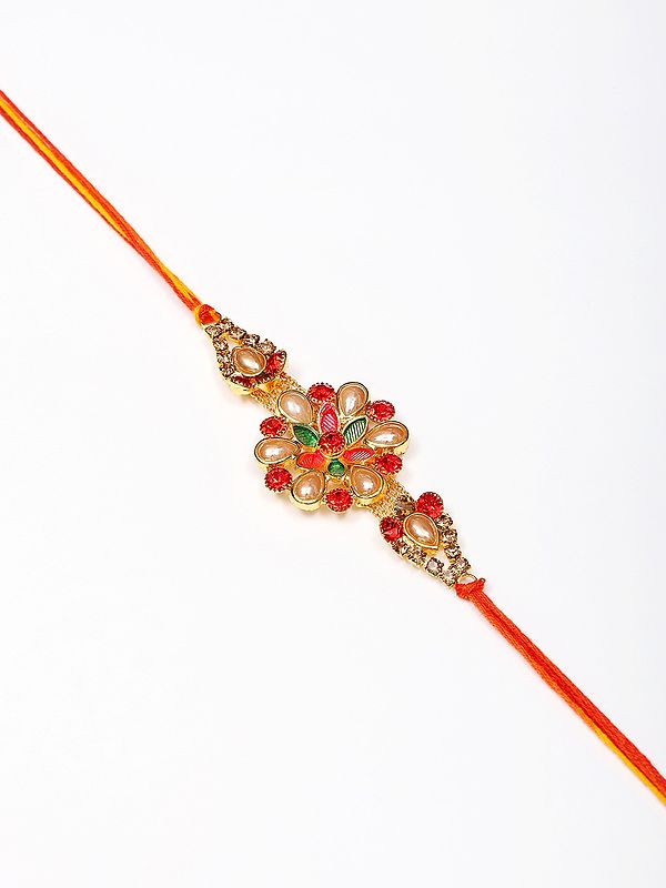 Traditional Sacred Thread Floral Design Rakhi for Brother with Studded Stone & Beads