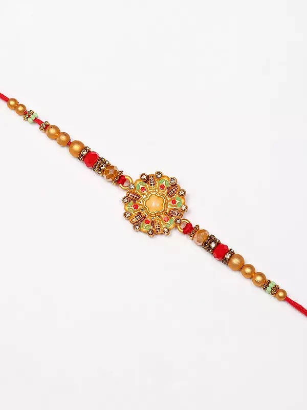 Floral Round Enamel work Traditional Rakhi with Beads