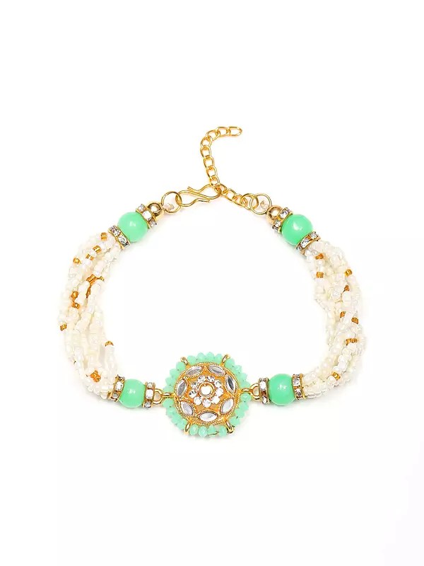 Green and White Beaded Round Shaped Adjustable Bracelet Rakhi