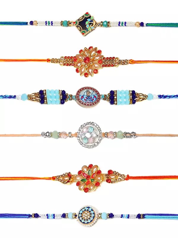Stone Studded and Beaded Rakhi (Set of 6)