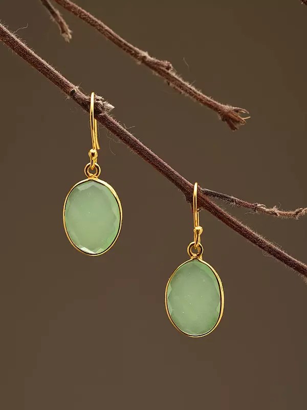 Oval Shaped Faceted Prehnite Chalcedony Earrings