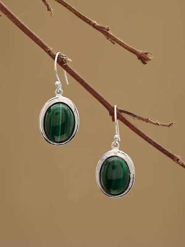 Oval Cut Malachite Gemstone Hook Earrings