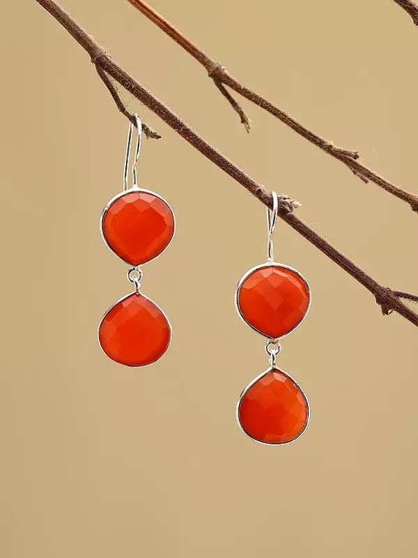 Faceted Two Red Onyx Gemstone Dangle Earrings