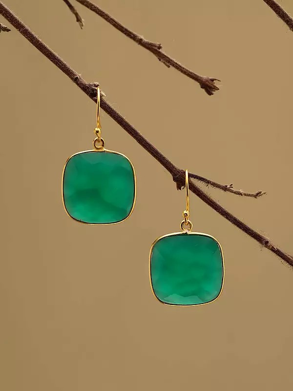 Cushion Shape Faceted Green Onyx Earrings