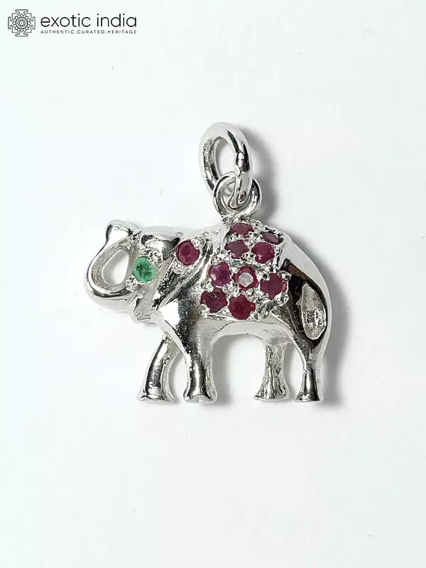 Double-Sided Elephant Pendant with Emerald and Ruby Gemstone