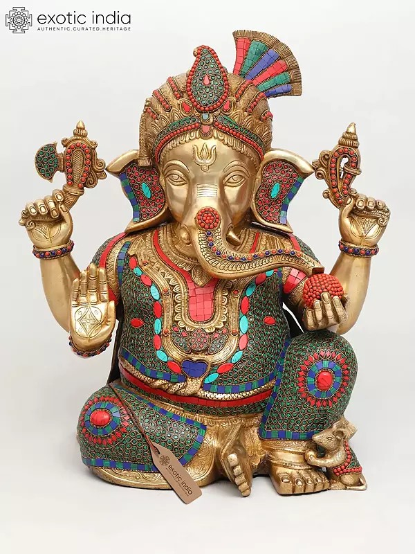 21" Sitting Four Armed Turbaned Lord Ganesha | Brass Statue with Inlay Work