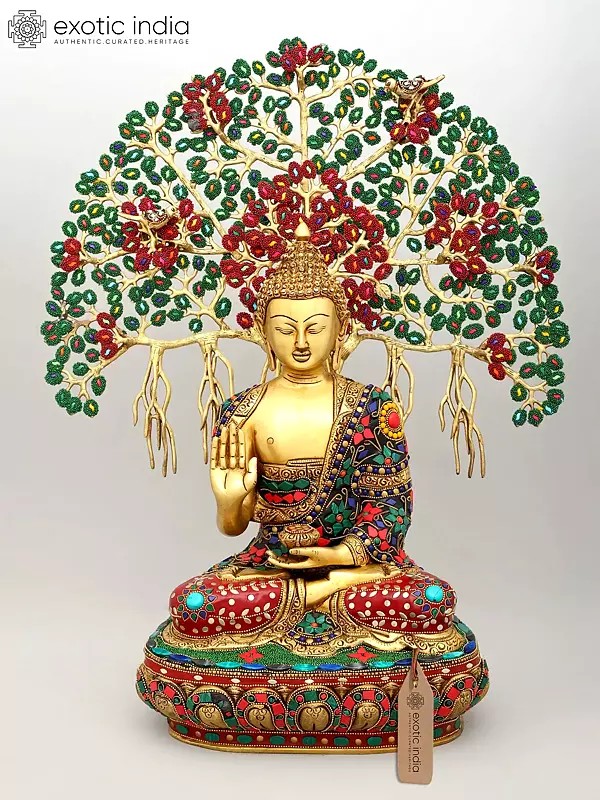 22" Blessing Lord Buddha Seated Under The Bodhi Tree | Brass Statue with Inlay Work