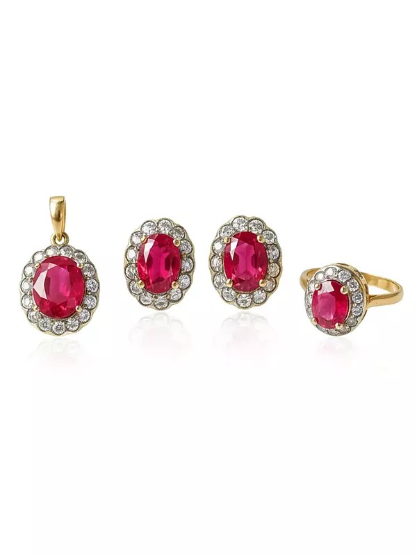 Faceted Ruby and Diamond Pendant with Tops and Finger Ring Set