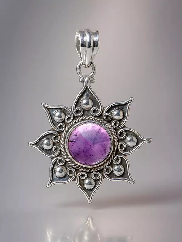 Round Cut Gemstone Sterling Silver Flower Pendant